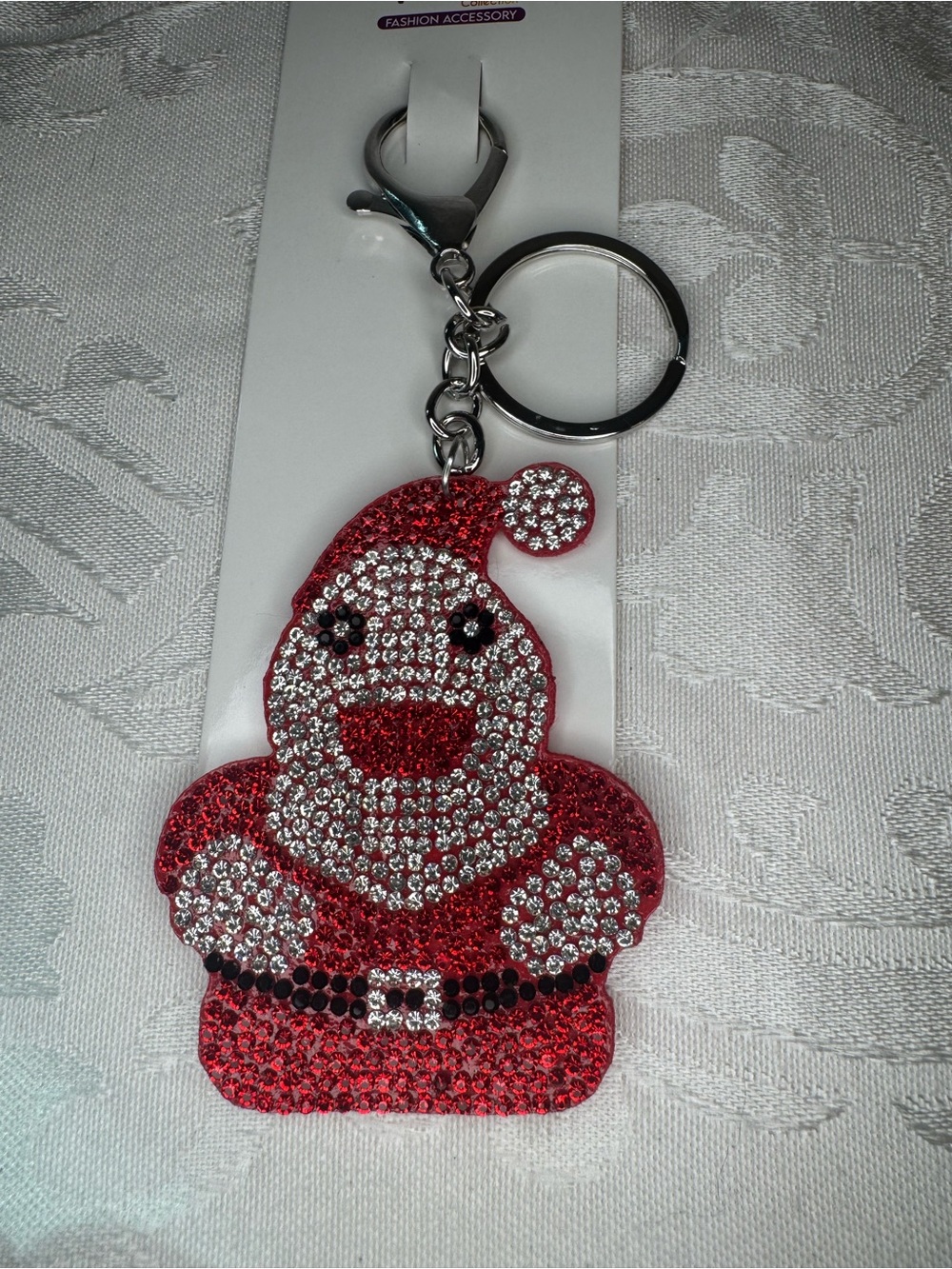 New Pastel flat Red & Silver Rhinestone Santa Keychain